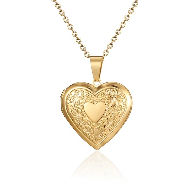 18K Gold Plated Stainless Steel Open Blank Heart Lock Photo Picture Memory Frame Pendant Necklace for Lover Family Gifts