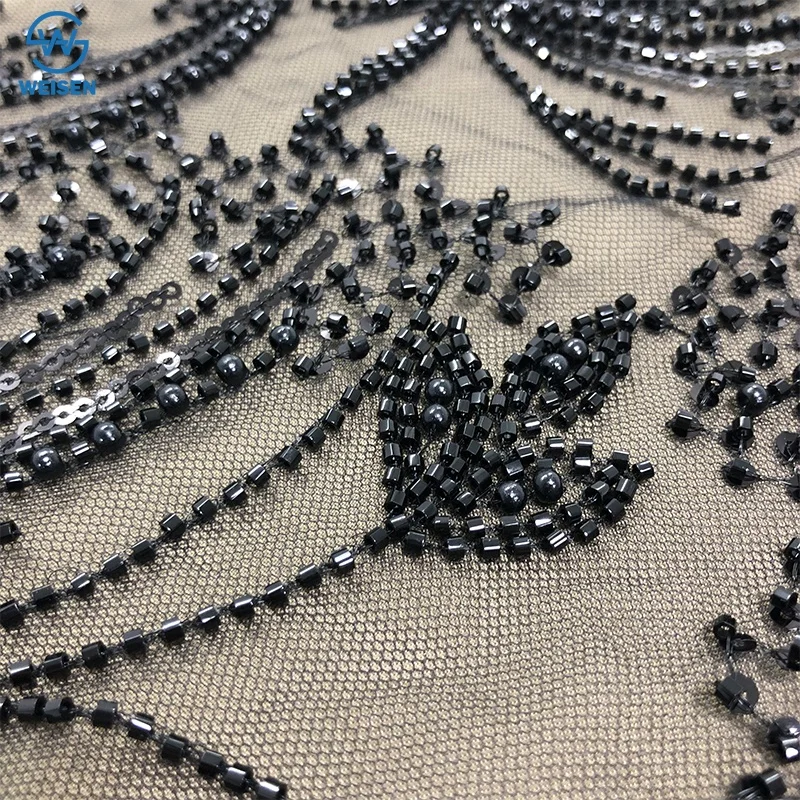 Luxury wedding sheer French lace sequins handmade tube bead lace fabric with gemstone beaded sheer lace WS3388