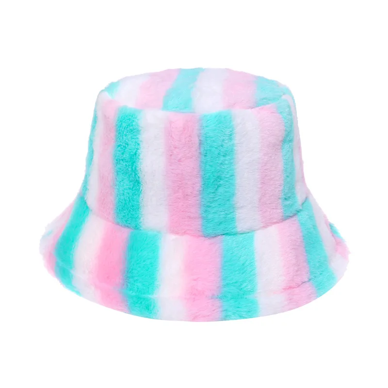 
100% Polyester Faux Fur Fluffy Winter Warm Hats Rainbow Striped Printed Bucket Hat Adjustable Bucket Caps for Women 
