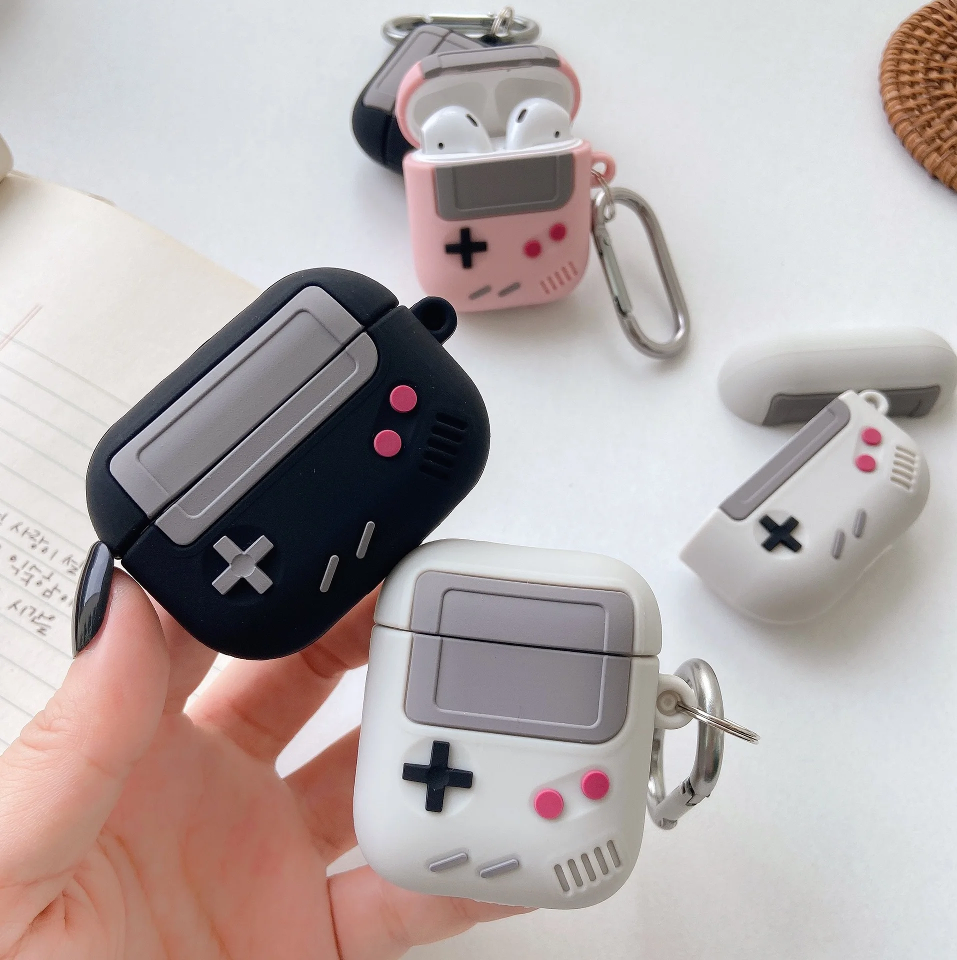 For Airpods 1 2 Pro Silicone Case Funny Retro Game Console Design Carabiner Keychain For Airpods 3
