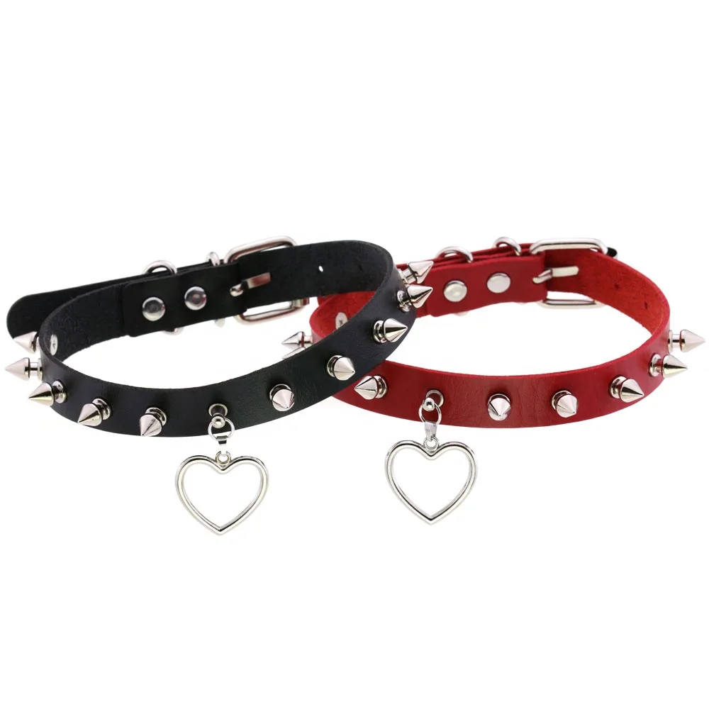 PU Leather Collar Necklace Rivet Spike Collar Peach Heart Pendant Punk Silver Plated Engagement Rings for Women Unisex Jewelry