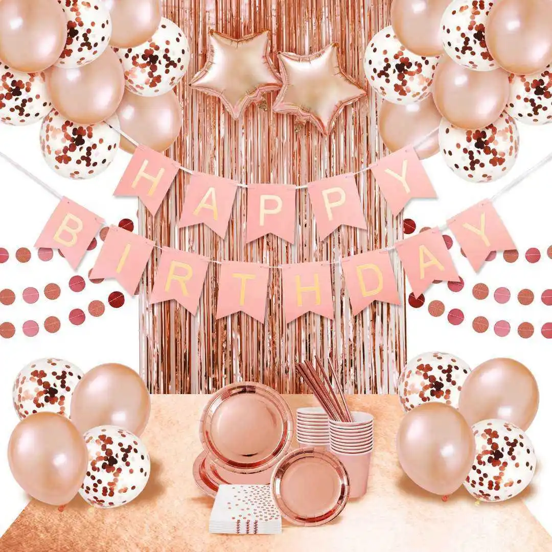 
Rose Gold Theme Banner Star Heart Foil Balloons Happy Birthday Holiday Supplies Party Decoration Set 