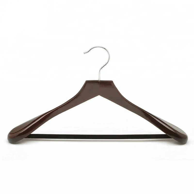 Luxury Walnut Color Flat Head Wide Shoulder Wooden Woman Suit Coat Clothes Hanger With Velvet Bar