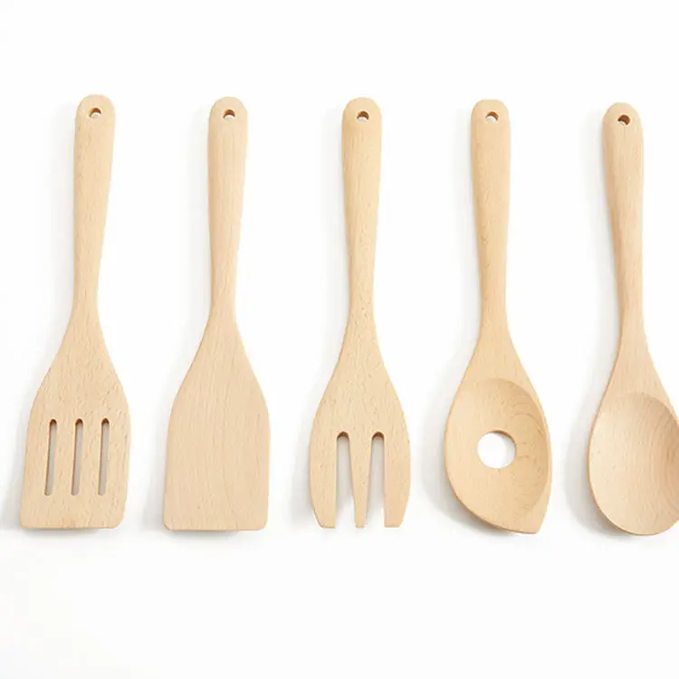 Eco-friendly Beech Wood Kitchen Utensil Set Solid Spoon Slotted Spatula Spoon Food Turner Fork Hole Spoon Set