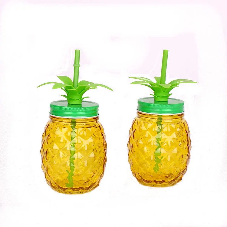 16oz 500ml pineapple shape yellow glass mason jar for drinking fruit juice with straw handle and metal lid
