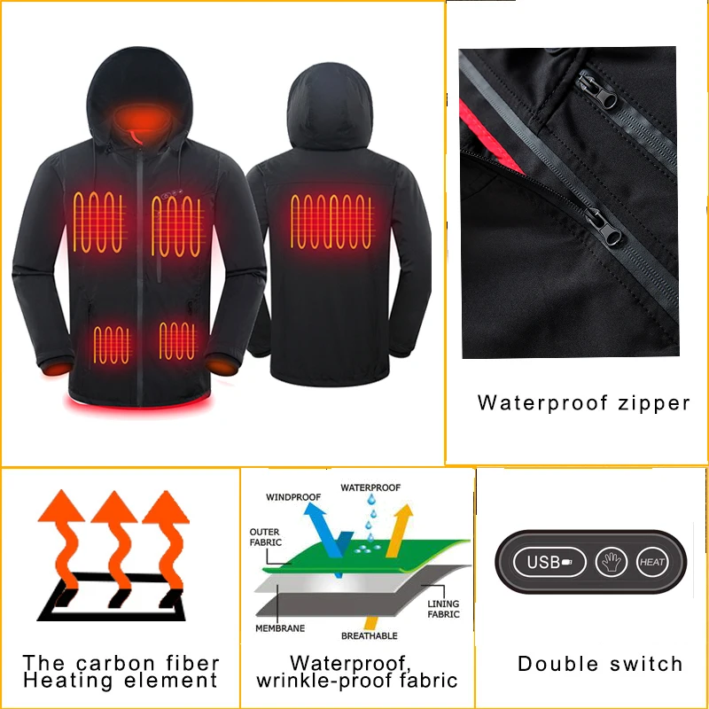 9 Zone Heating Clothing Hoodie Coat Winter Warmer Usb Thermal Heated Jacket Casual Stand Fleece Woven 100% Polyester for Men