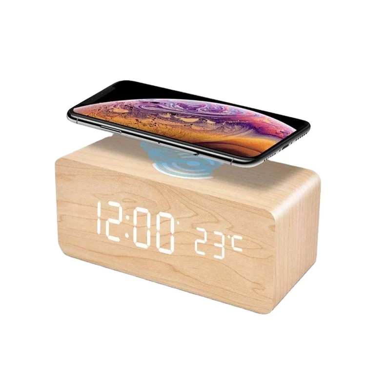 new Qi wireless phone charging alarm clock wooden digital LED table clock promotional gift wood desktop table clock