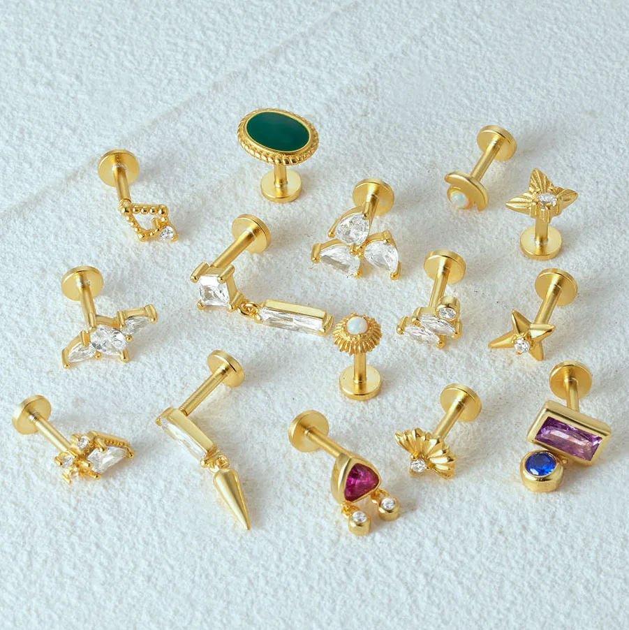 16G 925 Sterling Silver  Helix Pierced Star Marquise Zircon Opal Flat Back Daith Piercing Earrings Ear Studs