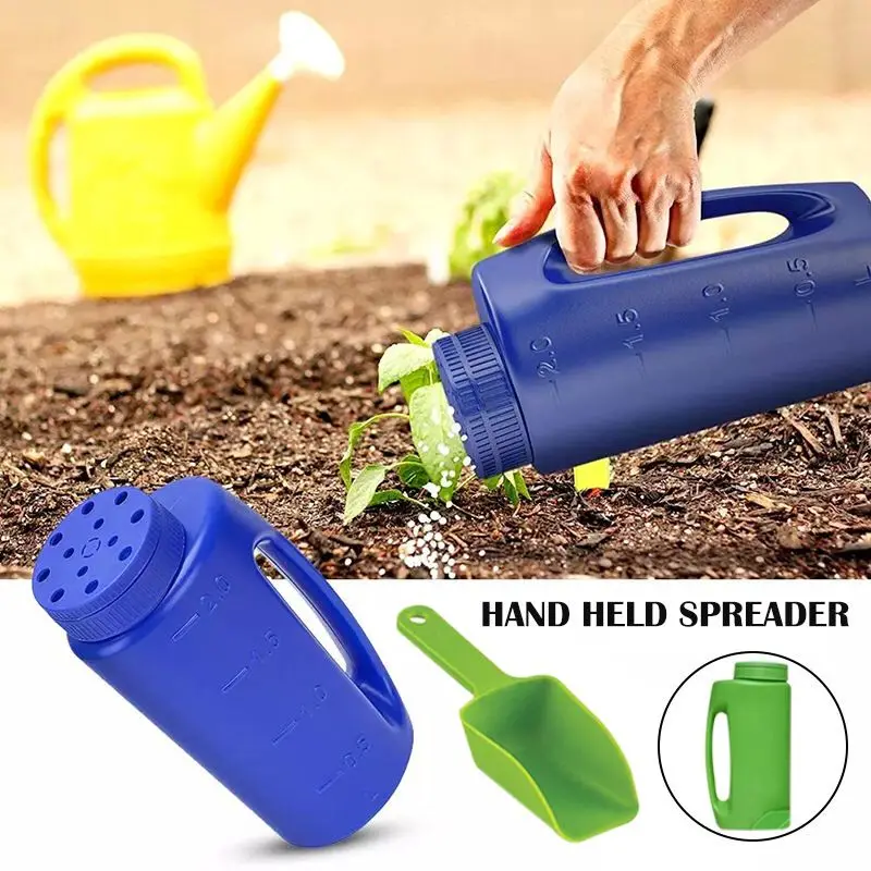 
seed spreader handheld salt and seed spreader adjustable hole size fertilizer seeds insect repellent ice melter de icer 