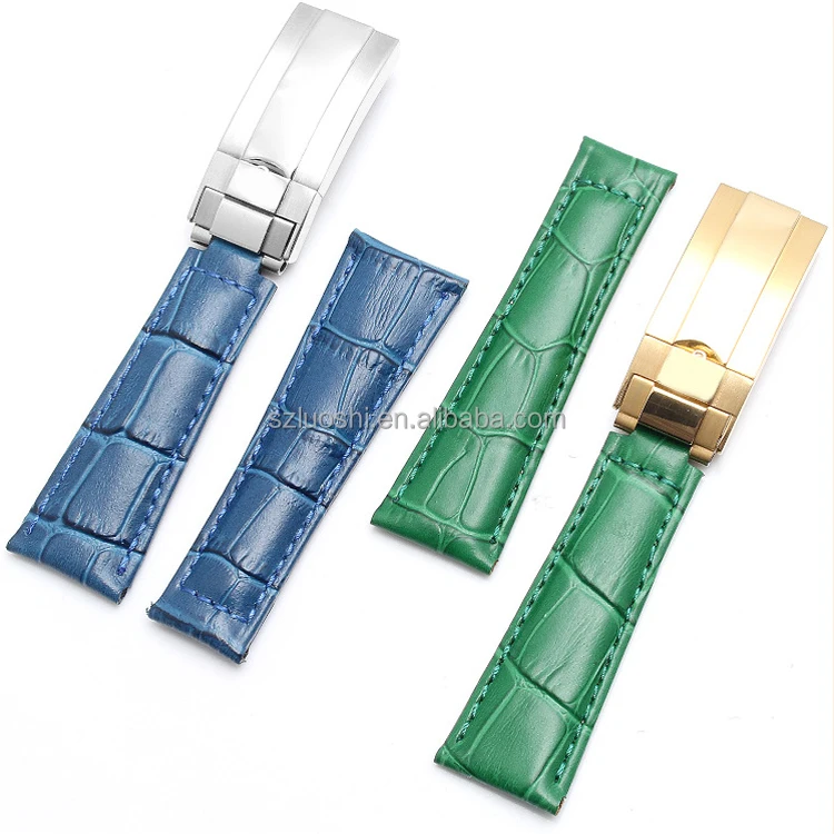 Luxury 20mm Black Green Brown Blue Double Cowhide Leather Watch Strap For Ro-lex Watch Bands Daytona With Deployment Clasp