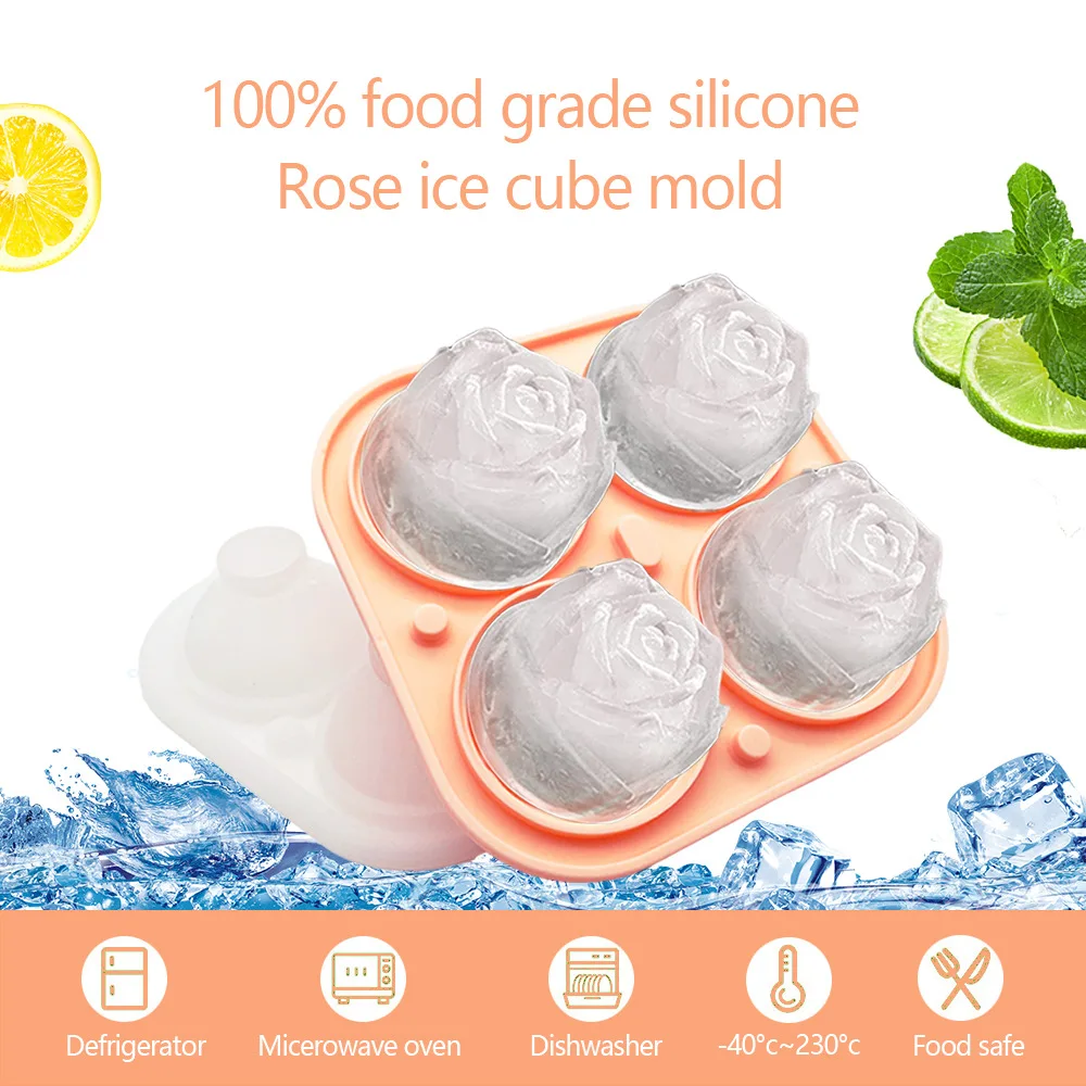 4 Cavity Homemade 3D Rose Flower Shape Silicone Easy Pop Out Whisky Ice Cube Tray Ball Mold Mould Maker