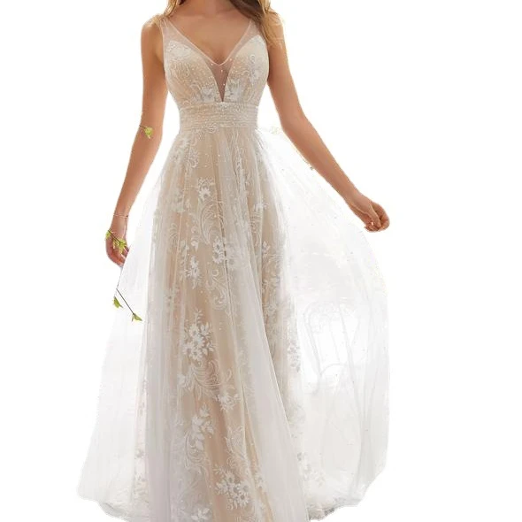 
Luxury sexy V-neck sleeveless evening dress elegant quality bridal lace wedding dress 
