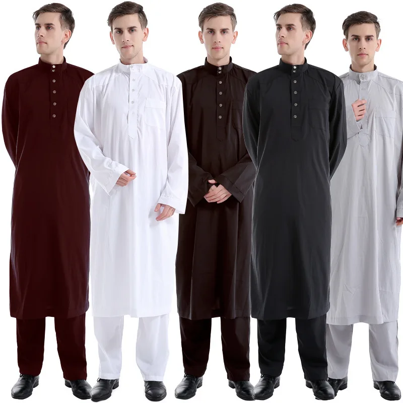 High Quality Arab Muslim Solid Color Two Piece Set Robes For Men Simple Stand Collar Ethnic Shirts Abaya Pants Set Ramadan Cloth
