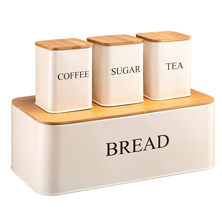 Metal Home Kitchen Bread Box Bread Bin Tea Sugar Coffee Jar Storage Canister Set With Bamboo Lid  Storage Container