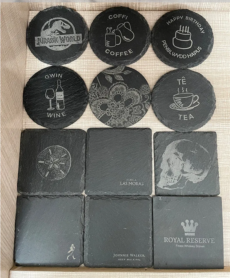 Square Heart Black Slate Engraving Stone Drink Bar Coaster