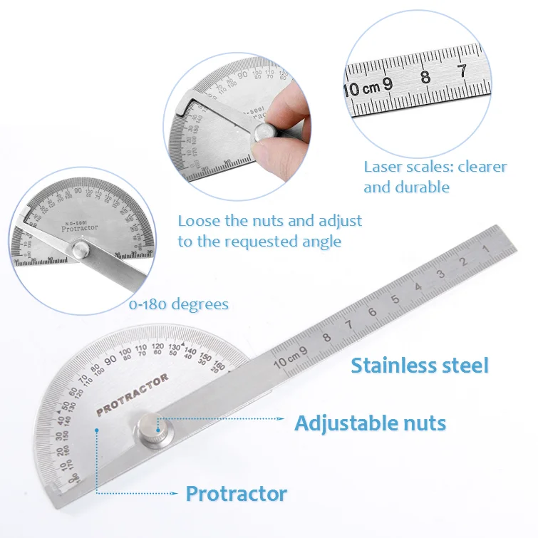 Stainless Steel Multifunctional Protractor Teaching Measuring Tool 180 Degree Protractor Angle Squares
