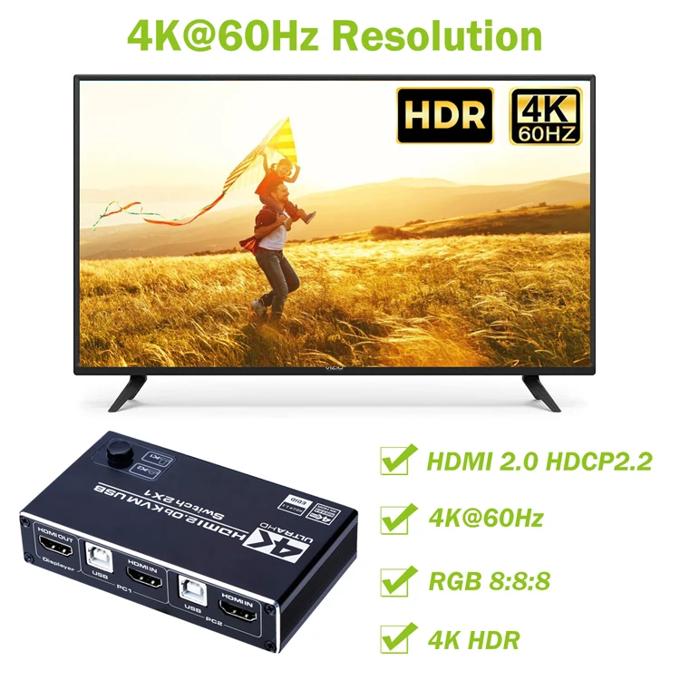  HDMI 2.0b KVM USB переключатель 2 порта компьютера совместное использование одного монитора 2x1 Ultra HD 4K @ 60 Гц
