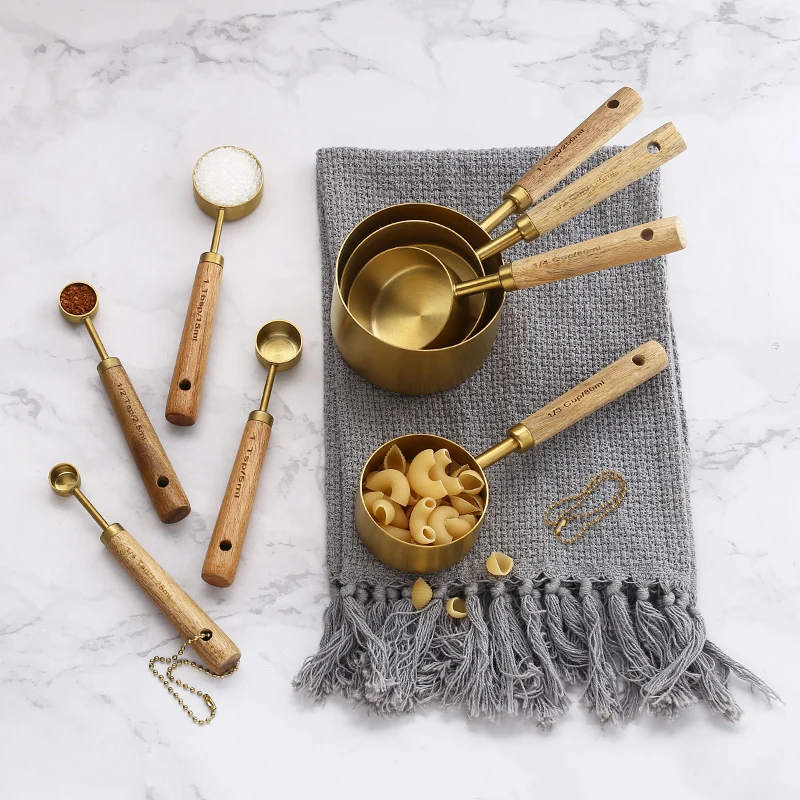 Stainless steel gold rose gold copper measuring cups and spoons set with wooden handle