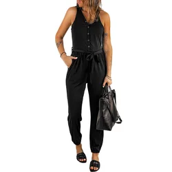 Custom Solid Color V-neck Casual Pencil Pants Sleeveless Women Fashionable Summer Rompers Jumpsuit