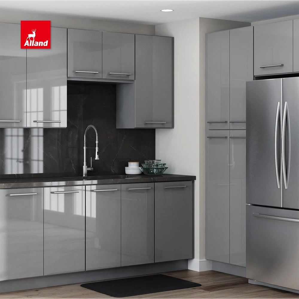 AllandCabinet Custom Color Modern High Gloss Lacquer MDF Plywood Flat Style Kitchen Cabinet Design with Countertop Island