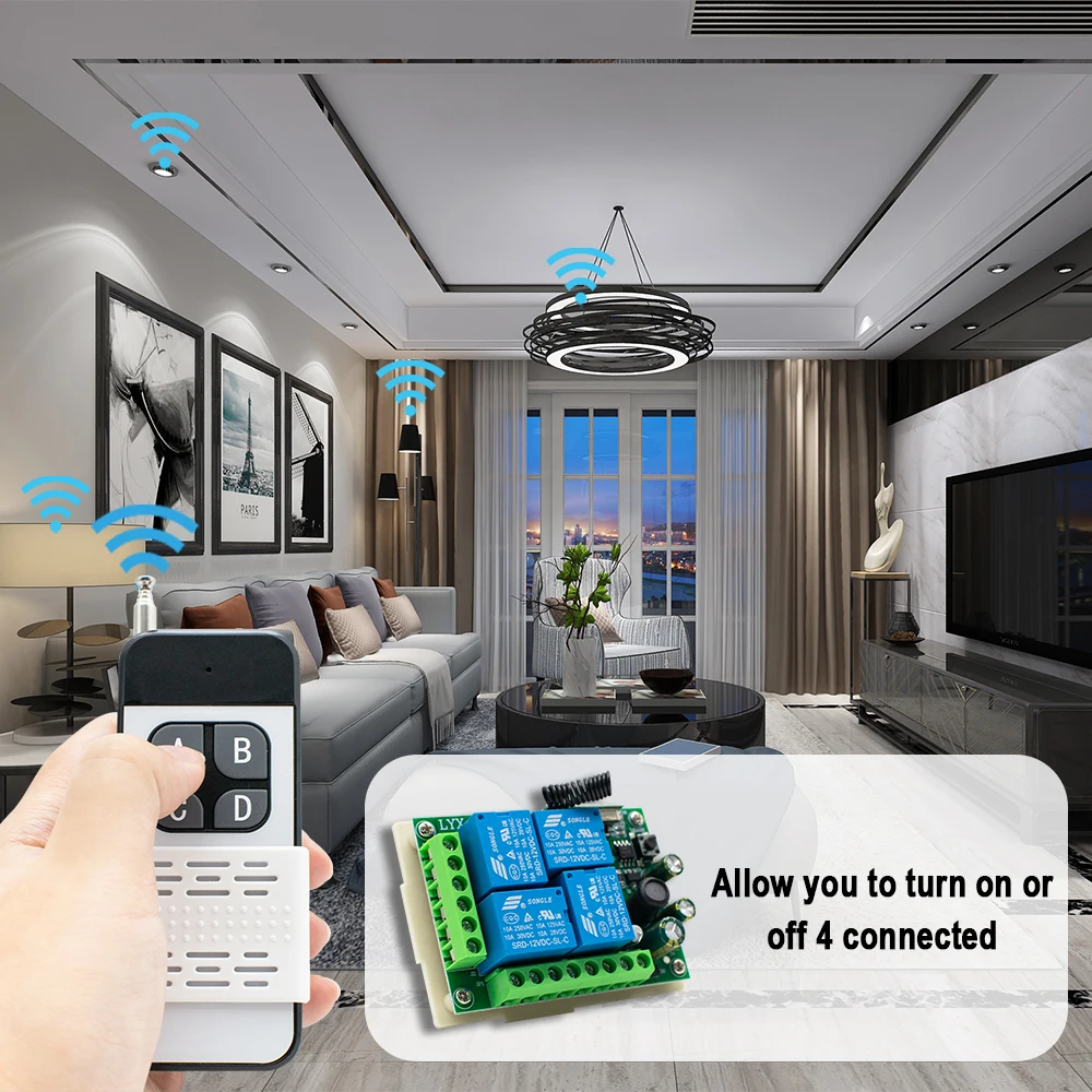 Universal Wireless Remote Control Switch AC 220V 85-256V 4CH Relay Receiver Module & 4 Channel RF Controller 433 Mhz Transmitter