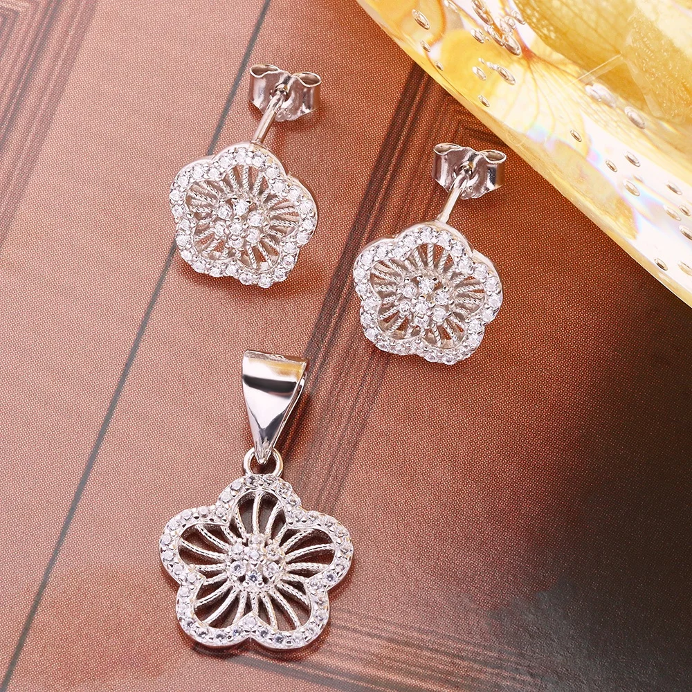 Fashion Sterling Silver 925 Jewelry Set  Flower Design Earrings and Pendant Three Pieces Luxury Women Set with Cubic Zircon Gift
