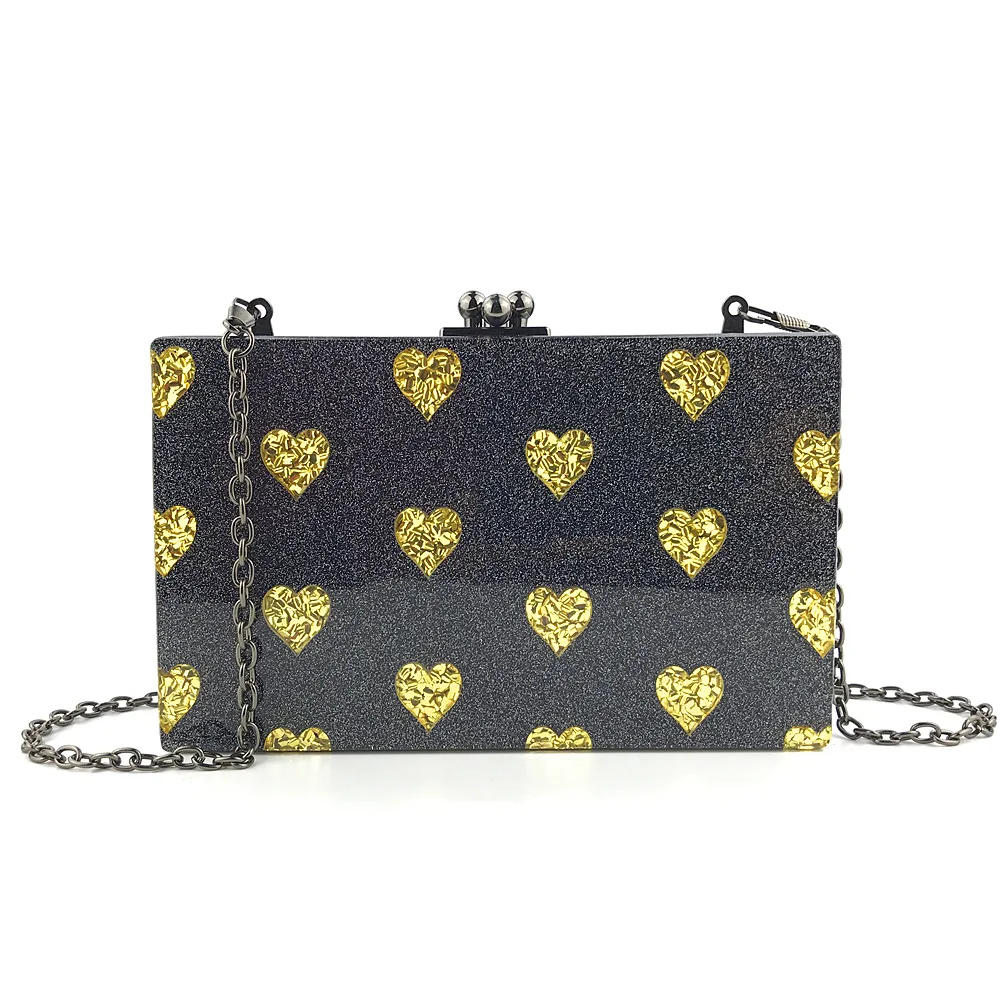 
Black Sparkly Acrylic Golden Small Heart Pattern Evening Party Clutch Bag Hand Purse 