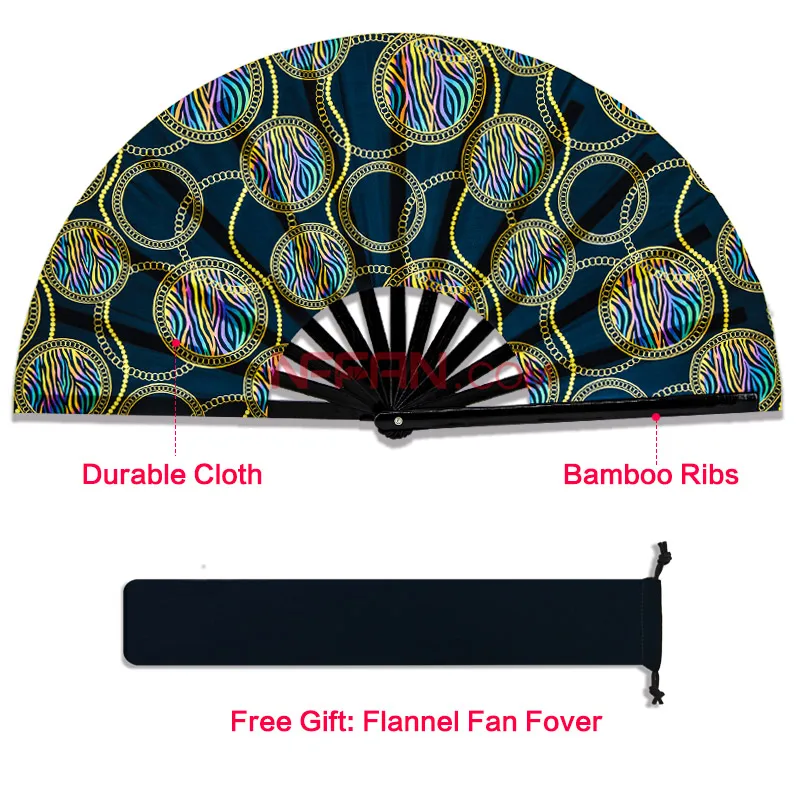 2022 New Design UV Glow Large Bamboo Rave Festivals Folding Clacking Fan Custom Printed