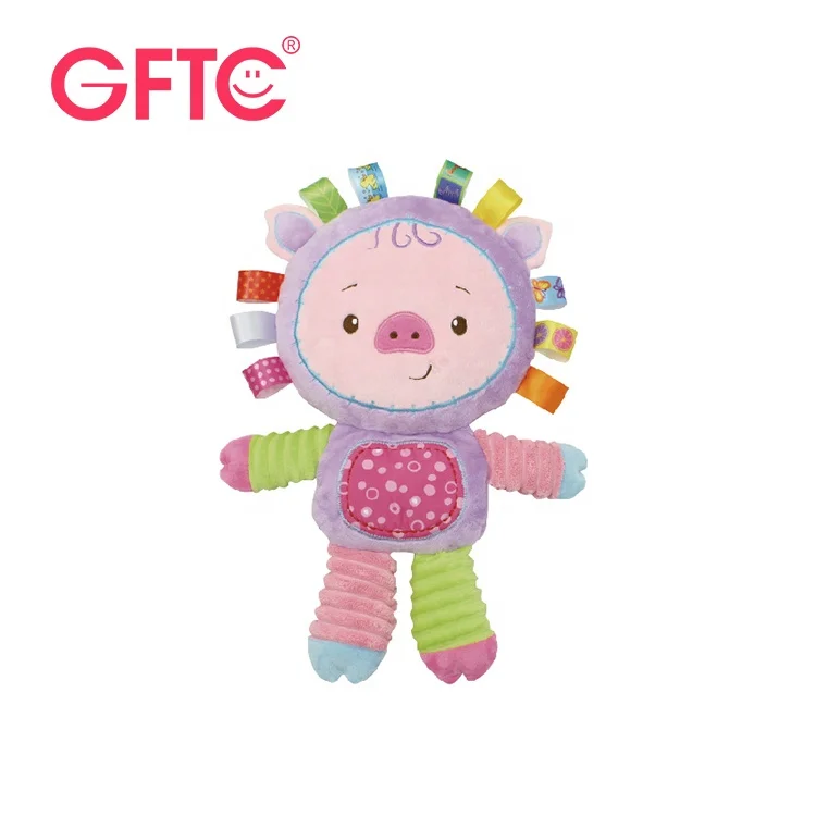 GFTC Baby Tags Stuffed Animal Soft Toy Lovey Plush Bell Toy Built-in Rattles Sensory Toy for Newborn Toddler Infant Gifts