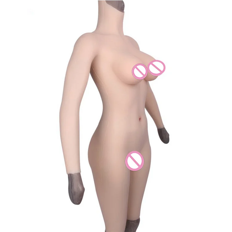 Crossdresser transgender transvestite with real breast fake boobs false vagina soft silicone full body suit with arm  C/E cup