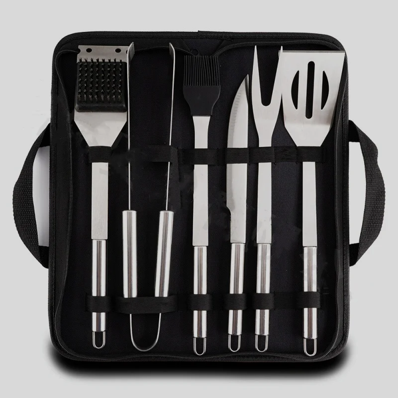 wholesale  canvas bag barbecue set combination stainless steel grill fork spatula clamp round tube handle tool