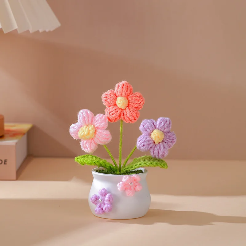 Novelty Christmas Valentines Gifts Handmade Crochet Sunflower Tulip Rose Flower Potting Knitting Flower Knit Potted Flower