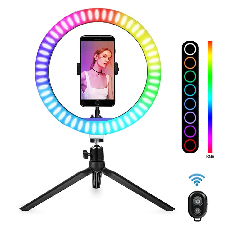 Rechargeable 10 inch rgb color Led ring Light set with wireless remote stand and phone holder