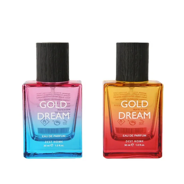 free sample 30ml 30 ml gradient colorful rectangle classic decant perfume bottles crimping gold spray black cap