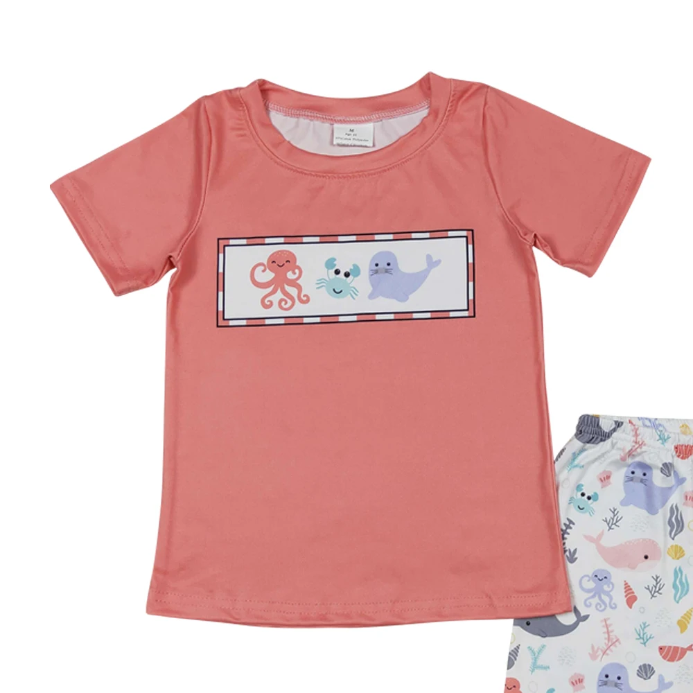 Boys clothes peach short sleeves octopus crab print top short wholesale boys clothes boutique suit low price ready to ship nomoq