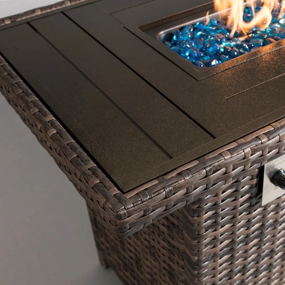 Oniya Metal Outdoor Propane Heater 50,000 BTU Backyard 43in Rattan Fire Pit Table With Wind Guard