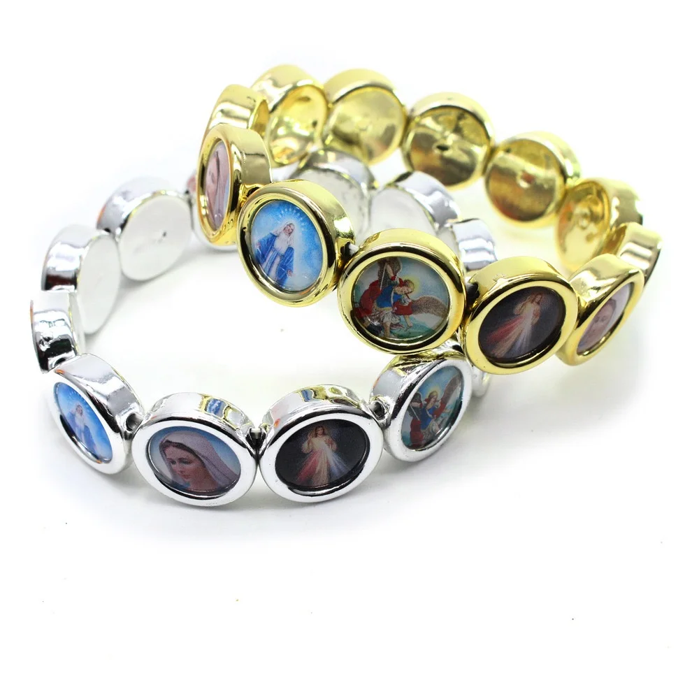 Round Catholic Saint Christian Icon Image Adjustable Size Elastic String Bracelet For Wholesale