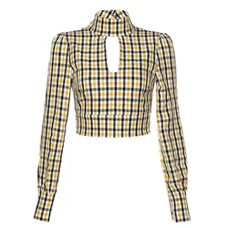 Womens Clothing Fashion Plaid Bandage Long Sleeve Shirt Women Slim Short Blouse