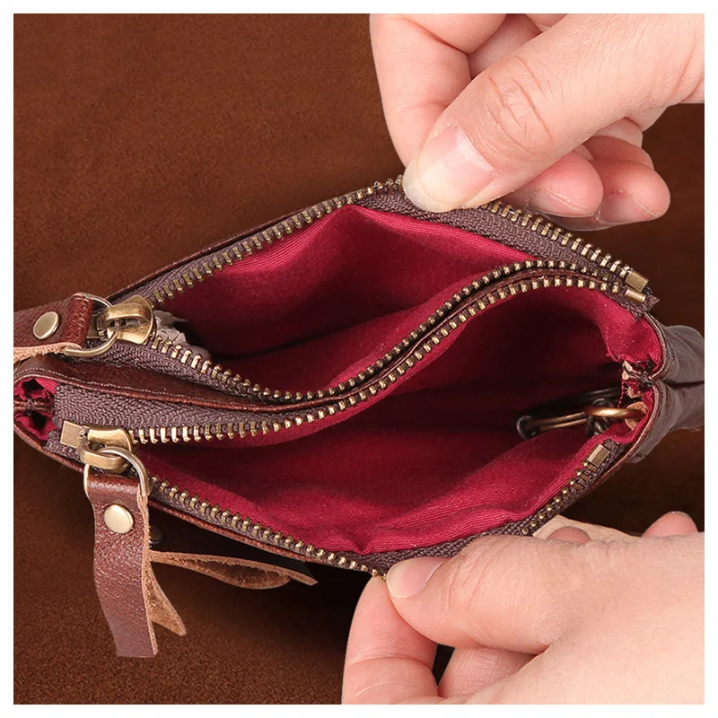 High Quality Vintage Cowhide Leather Mini Clutch Bags Zipper Coin Purse Key Case Daily Women Wristlet Wallet
