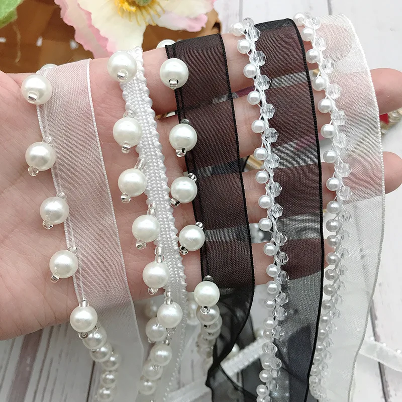 New arrival hand made bridal veil lace trim pearl beaded ribbon pearl and crystal lace trim white for dress