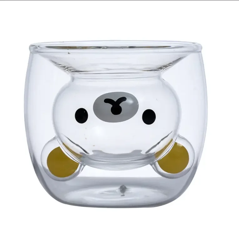 Heat resistant cartoon cute animal bear shape transparent cat color double-walled glass coffee cup for gifts