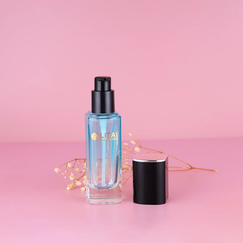 Hot Sale Square Glass Bottle 30ml Lotion Pump Bottle For Essential Oil and Foundation