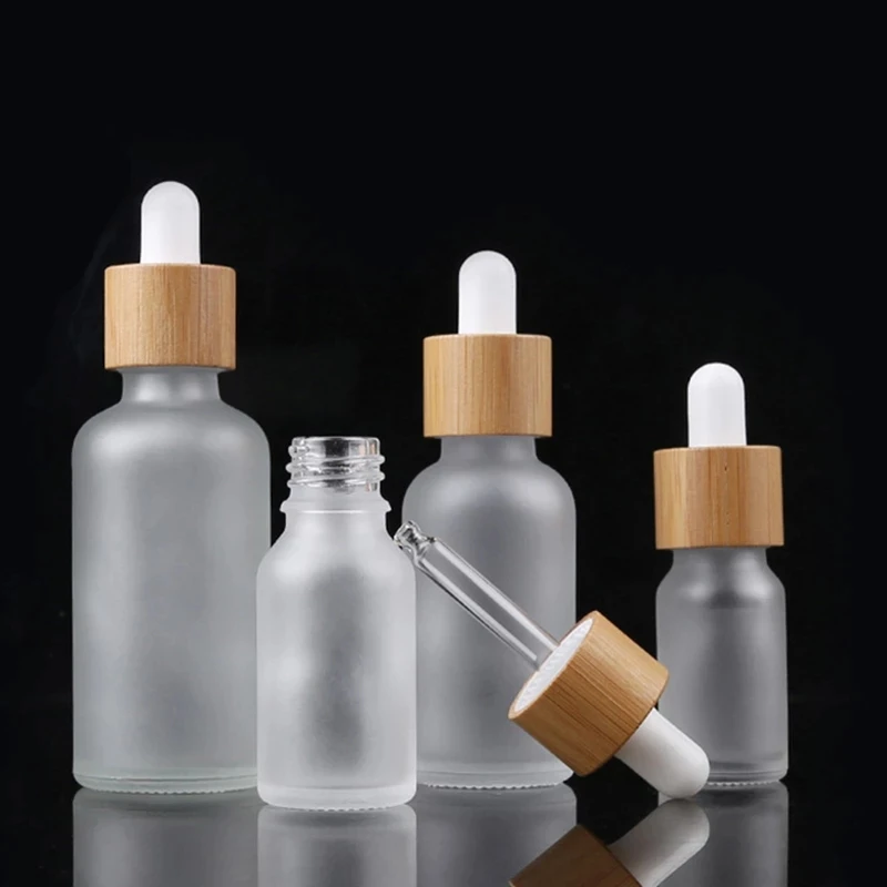 Reihey Frosted Glass Dropper Bottles With Bamboo Lid Empty Essential Oil Bottles With Glass Pipettes