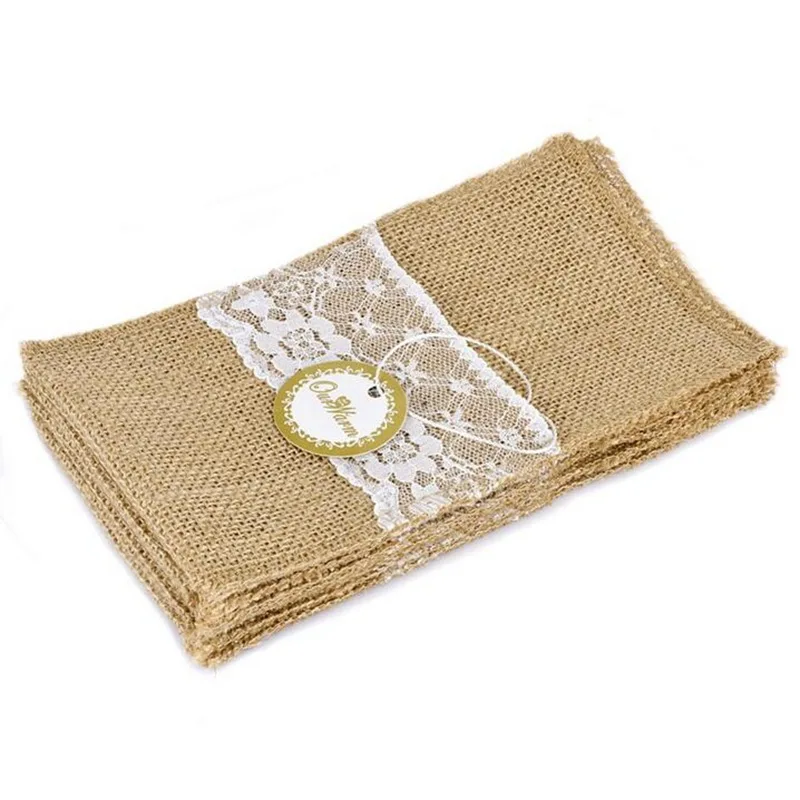 10Pcs Burlap Lace Cutlery Pouch Rustic Wedding Tableware Knife Fork Holder Bag Hessian Jute Table Decoration Accessories