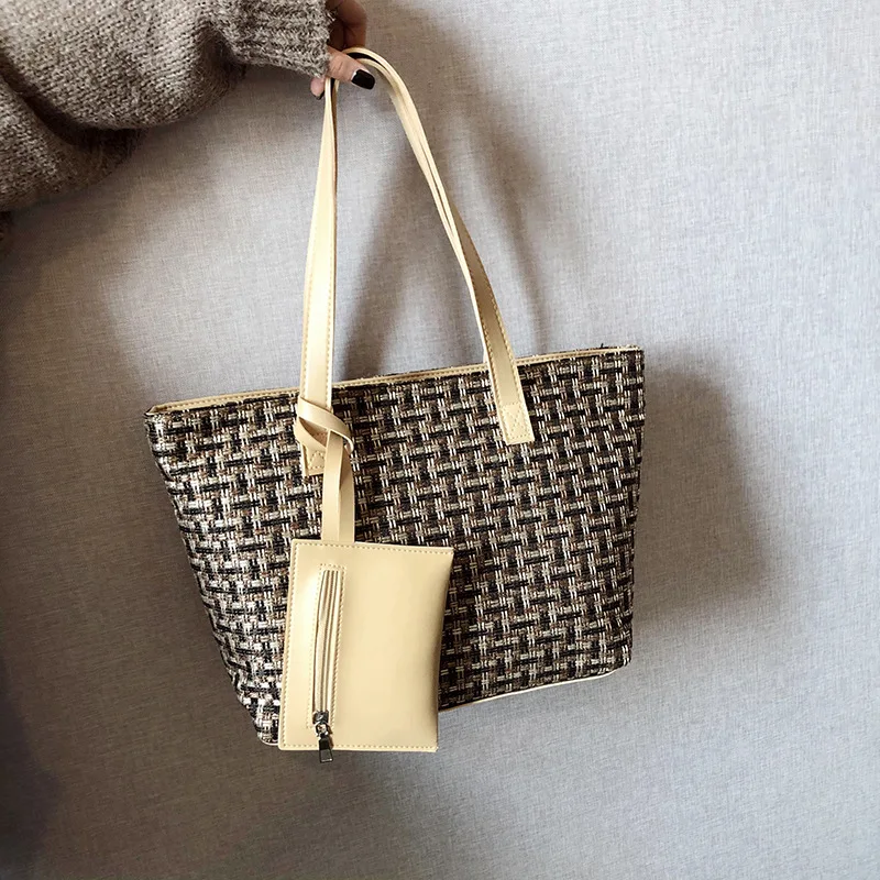 New Arrival Fashion Woven Shopping Bag Large Capacity 2 Pcs Mother Handbag And Purse Leisure Shoulder Bag Set