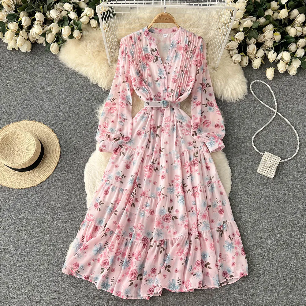 Women Clothes Long Sleeve V-Neck Print A-Line Dress Floral Print Chiffon Ladies Casual Dress