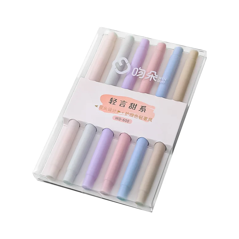 6pcs Per Box Soft Tip Highlighter Student Marking Drawing Double-ended Markers Eye protection Large Capacity Color