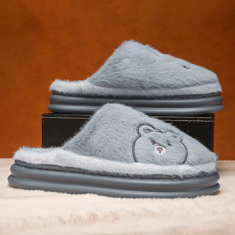 Wholesale Winter Indoor Non-slip Warm Thick Cotton Cute Cartoon Bear Plush Home Slippers For Men Boys
