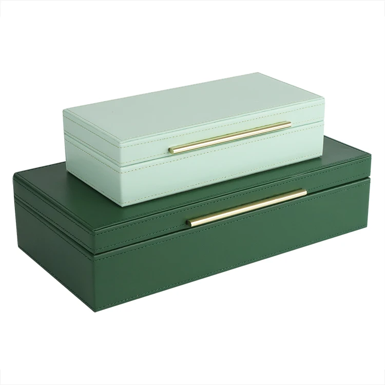 Set of 2 dark and light green storage box desk pu leather cosmetic makeup jewelry sundries storage box with lid
