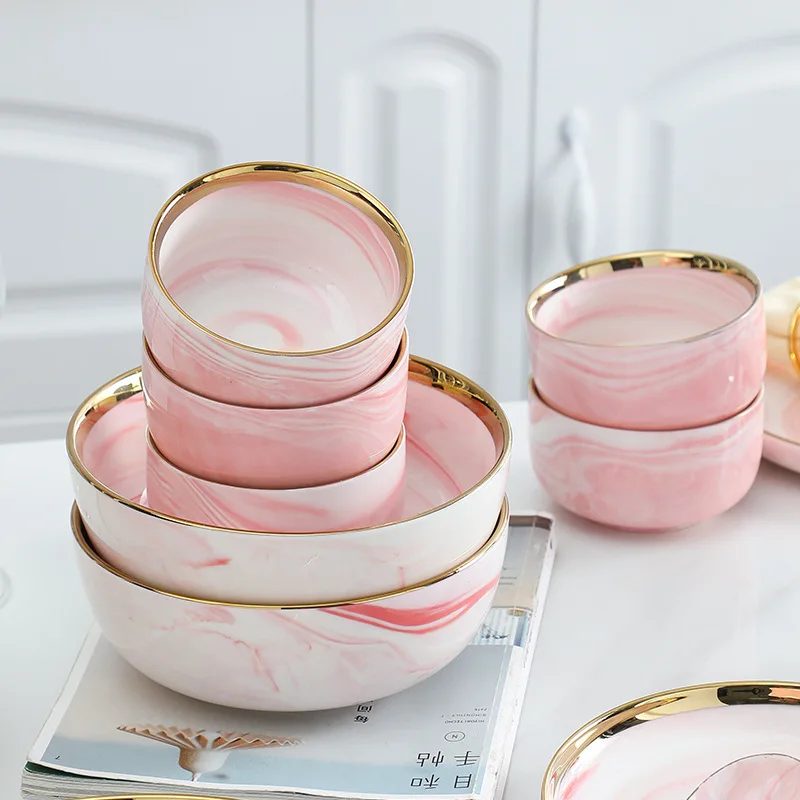 Wholesale ceramic pink marble design dinnerware sets luxury plates sets dinnerware